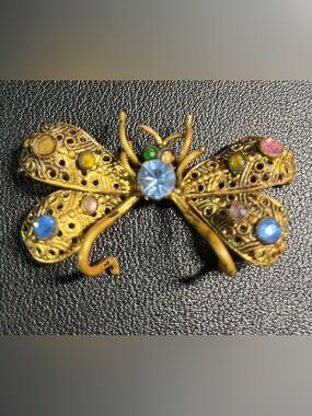 Vintage Gold-Tone Butterfly Brooch with Multicolored Crystals